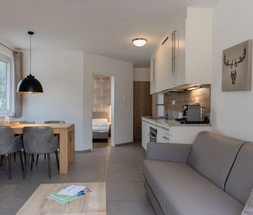 Ski &amp; Golf Suites Zell am See: Küche, Wohn- und Essbereich